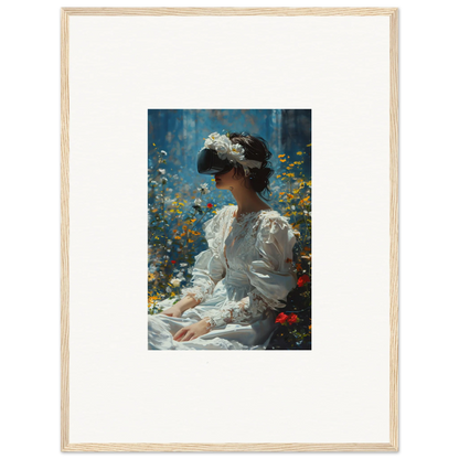 Framed canvas print of a woman in a white dress in a bloom reverie, perfect room decoration