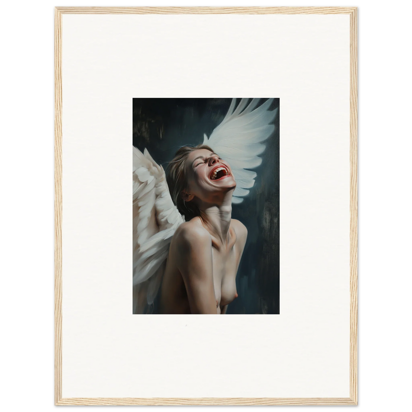 Framed canvas print of a person with wings laughing, perfect for unique wall art decor