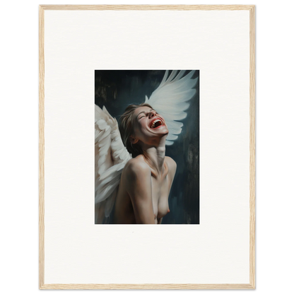 Framed canvas print of a person with wings laughing, perfect for unique wall art decor