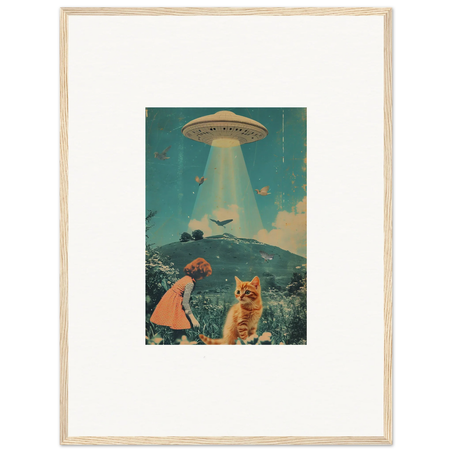 Framed canvas print of Soulful Voyaging Moonflex with a UFO, child, and cat scene