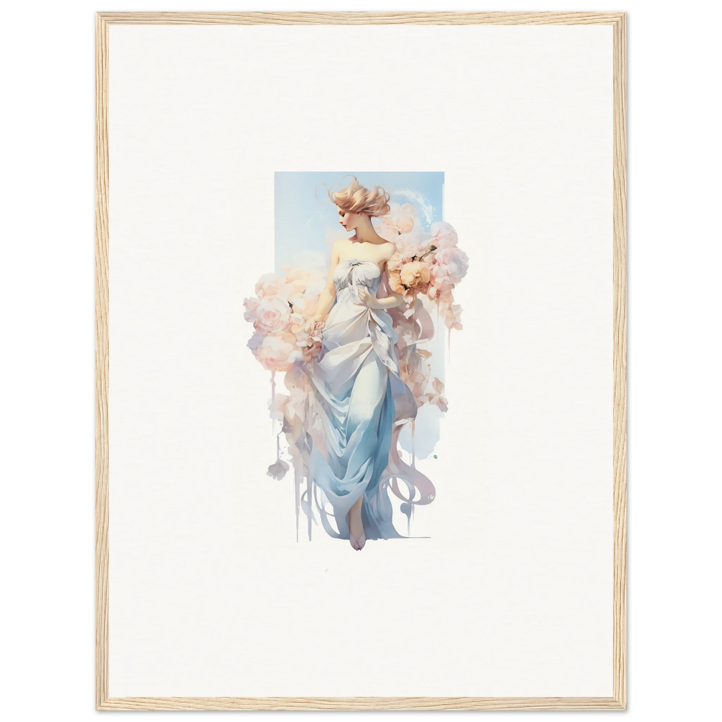 Watercolor painting of a woman in a blue dress with flowers for a chic bouquet waltz canvas print