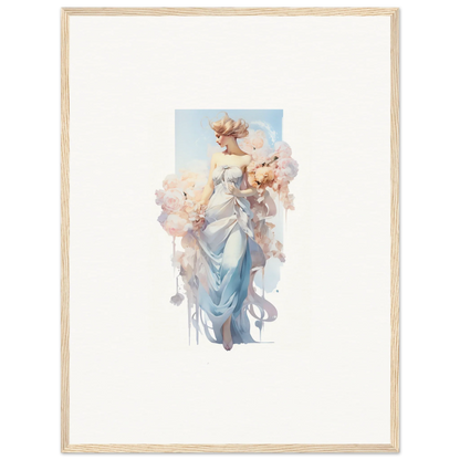 Watercolor painting of a woman in a blue dress with flowers for a chic bouquet waltz canvas print