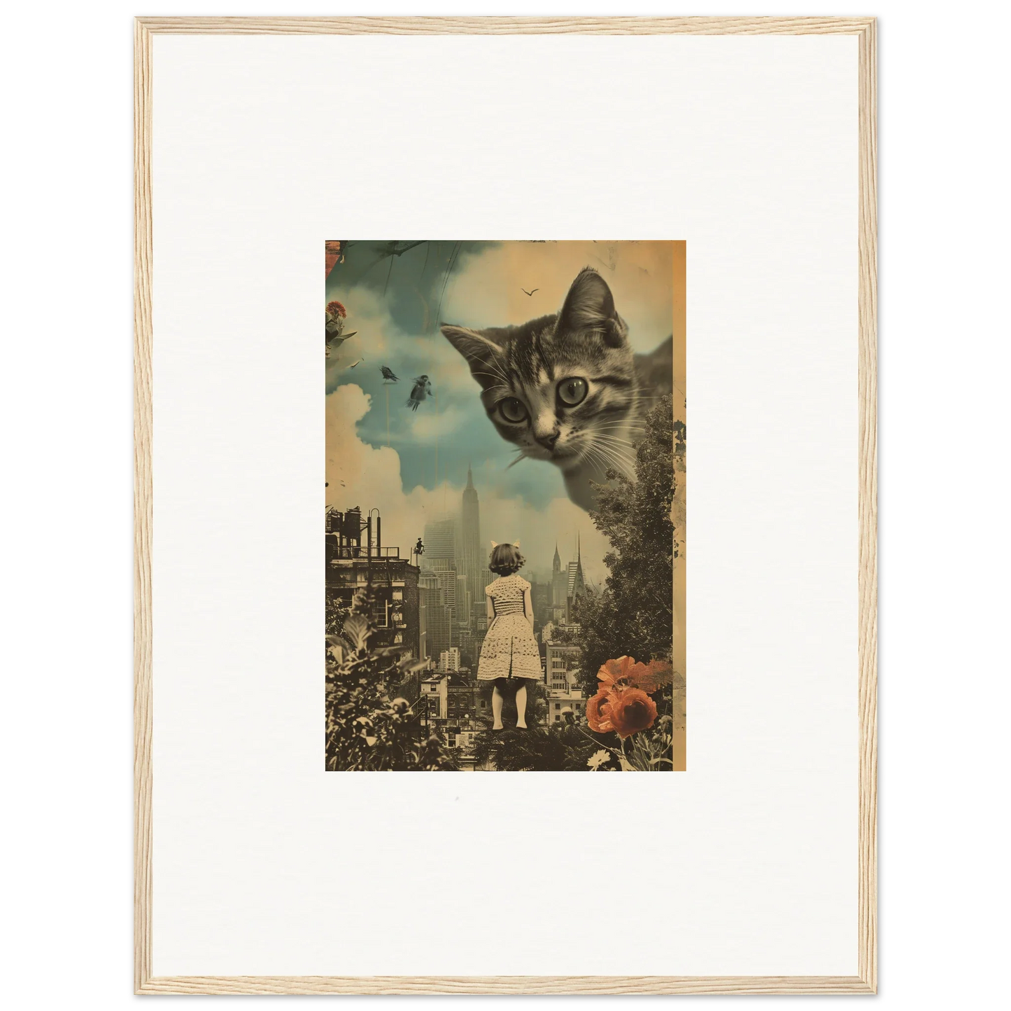 Framed collage canvas print of a giant cat’s face and cityscape, perfect for room decoration