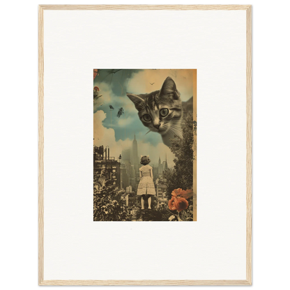 Framed collage canvas print of a giant cat’s face and cityscape, perfect for room decoration