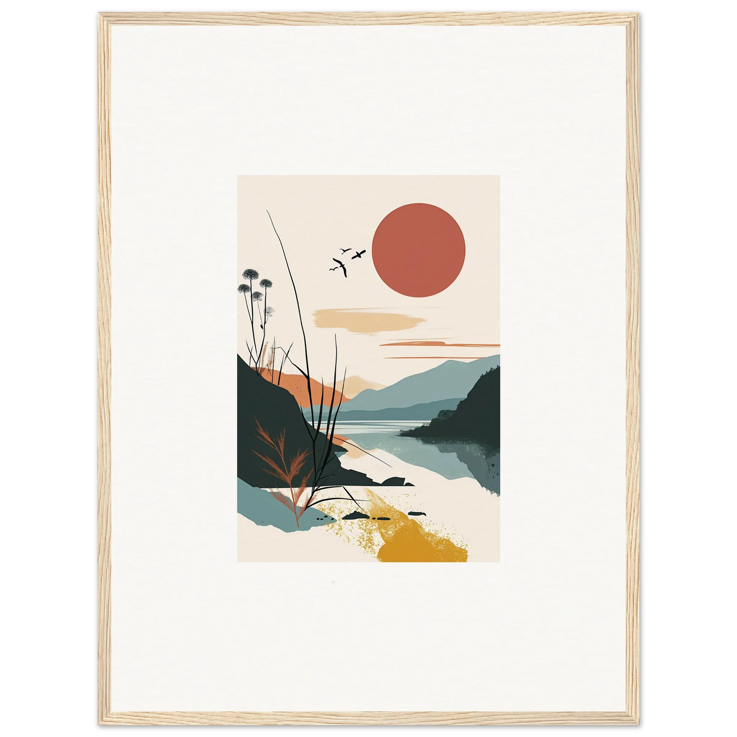 Minimalist landscape canvas print of Sunrise Unfurled over mountains and water