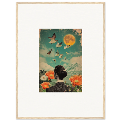 Framed canvas print of Lunar Bloom Reverie with a dreamy sky, flowers, and birds