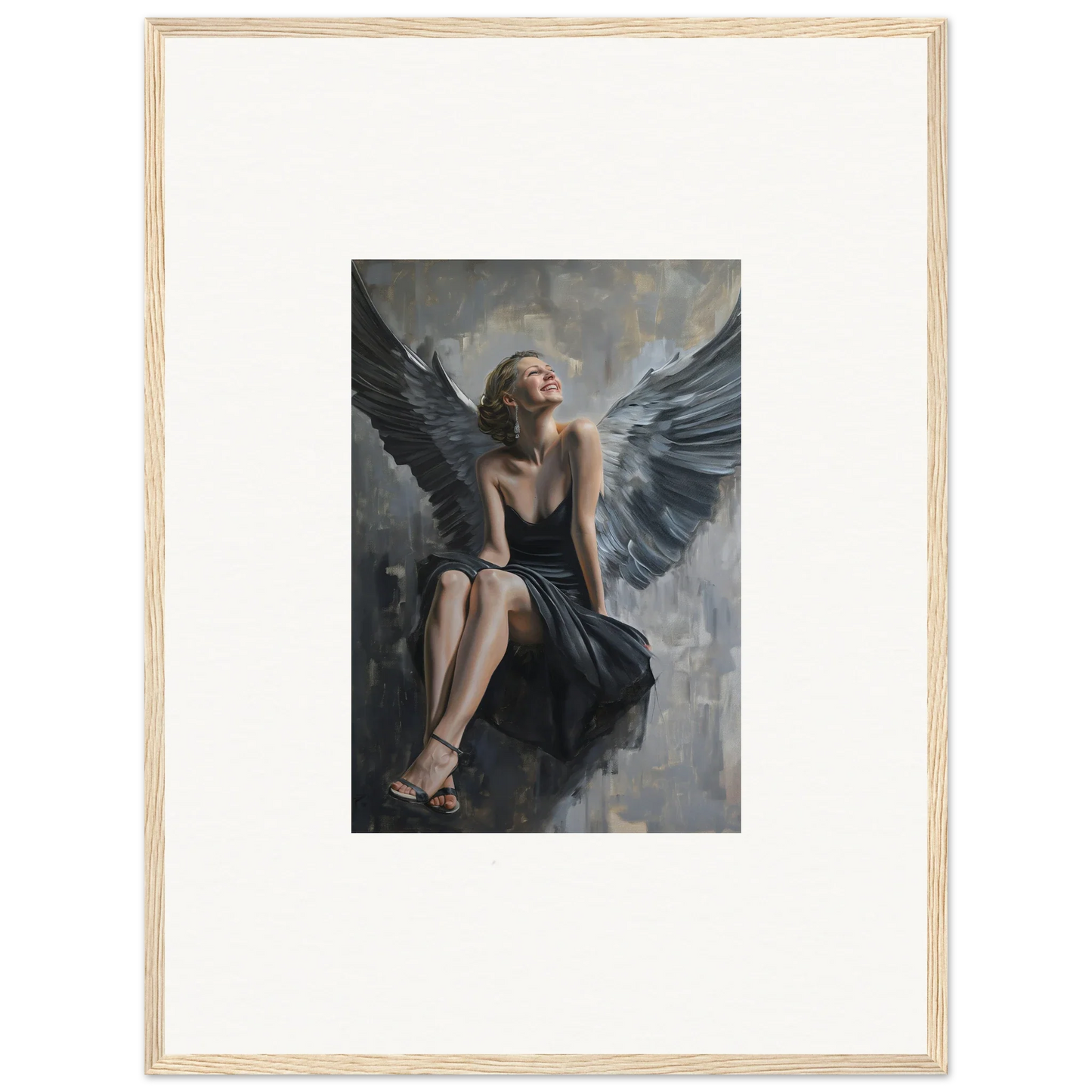 Framed canvas print of a winged woman in a dark dress for charming room decoration