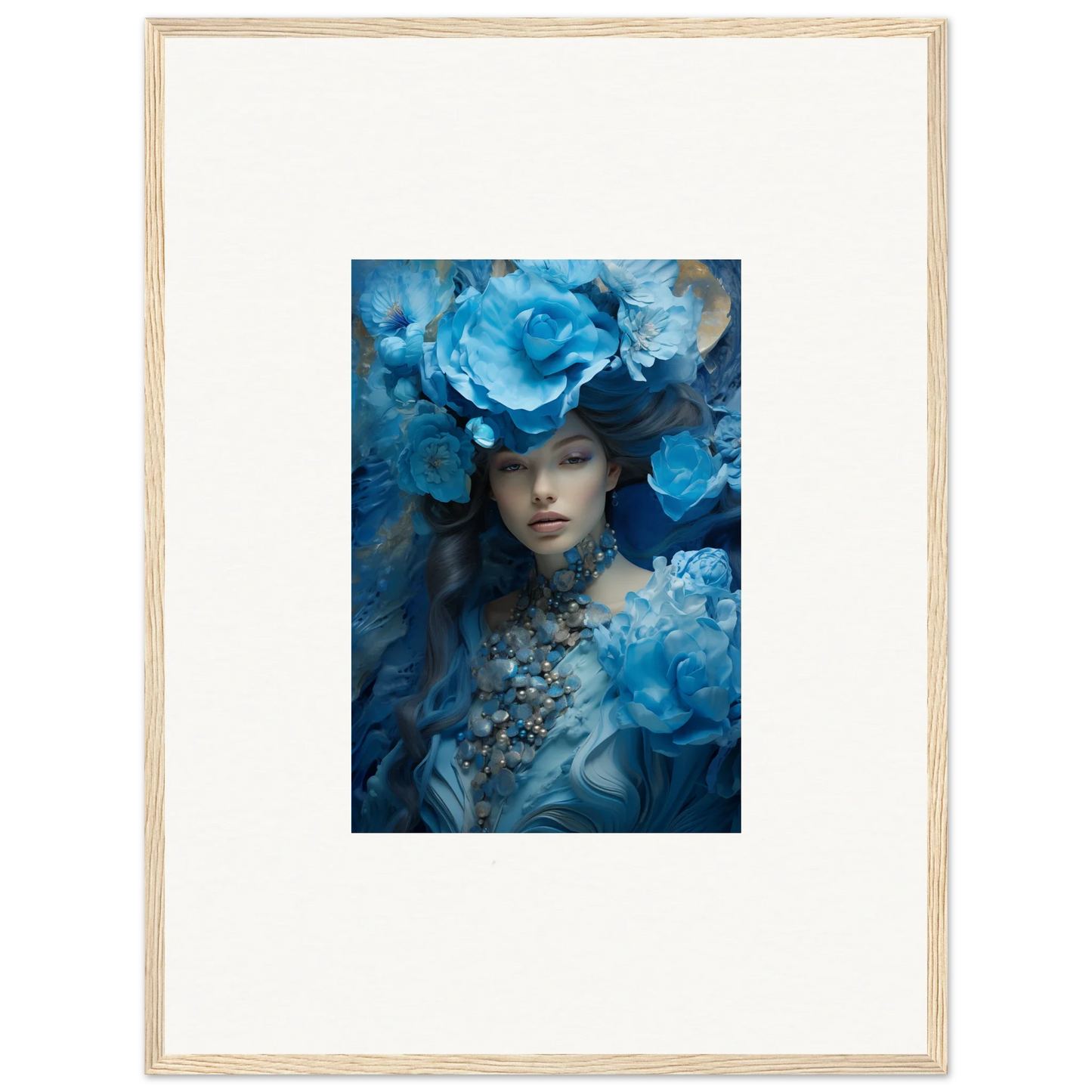 Framed canvas print of a dreamy figure in blue floral elements for room decoration