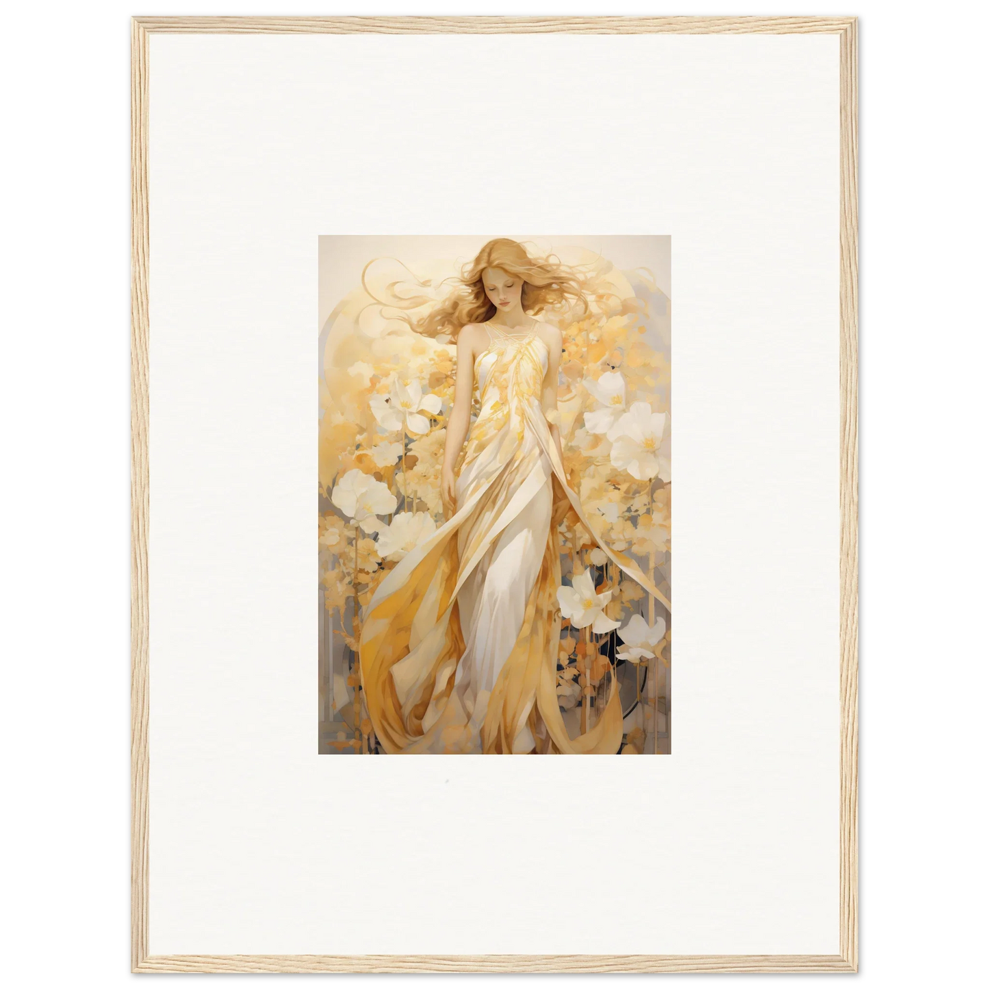 Framed canvas print of an ethereal woman in golden robes for room decoration