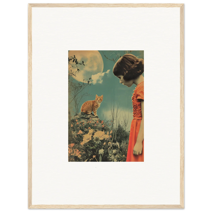 Framed vintage collage art of whimsy reverie with a woman in a red dress and cat