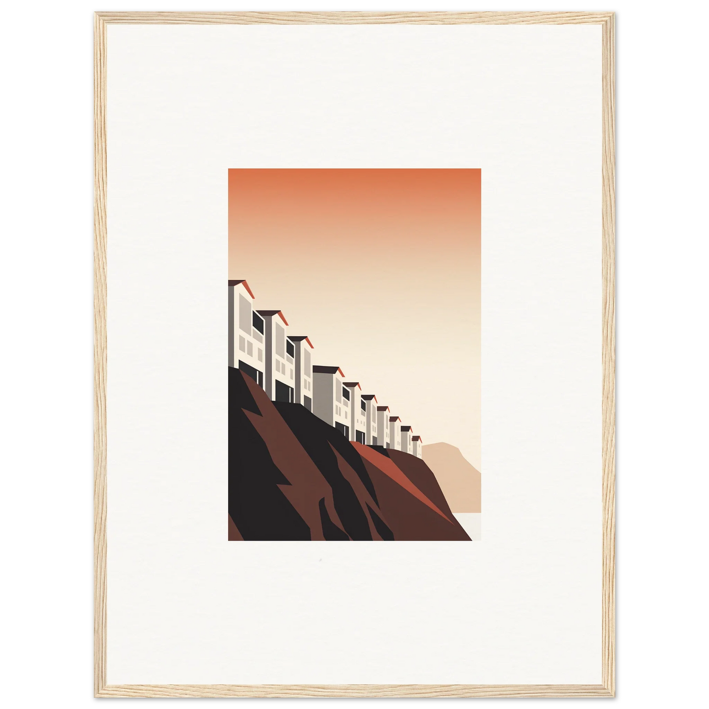 Stylized houses on a cliff with a sunset sky, perfect for room decoration wall art