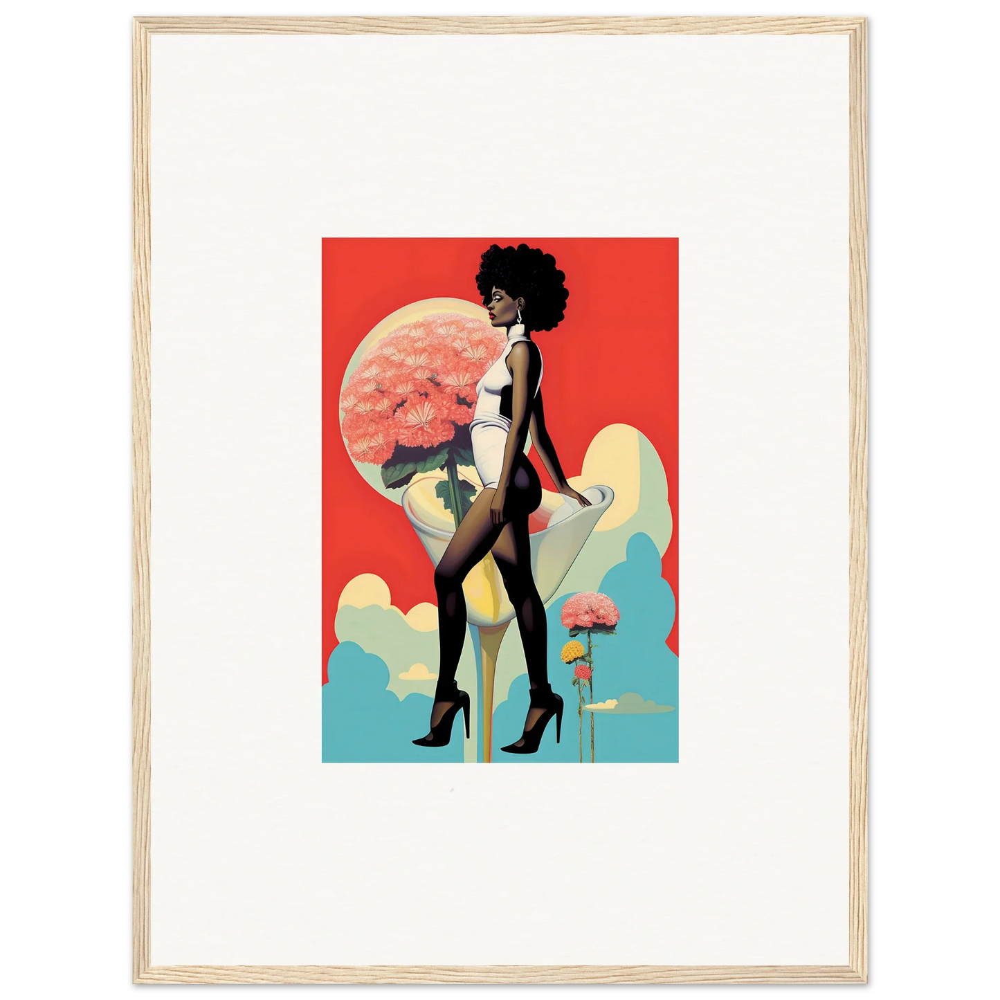 Stylized woman with afro in a retro-futuristic room decoration with floral highs canvas print