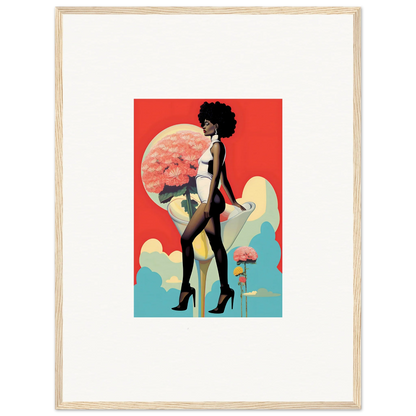 Stylized woman with afro in a retro-futuristic room decoration with floral highs canvas print