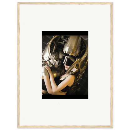 Framed wall art of a person in a metallic helmet, perfect for room decoration