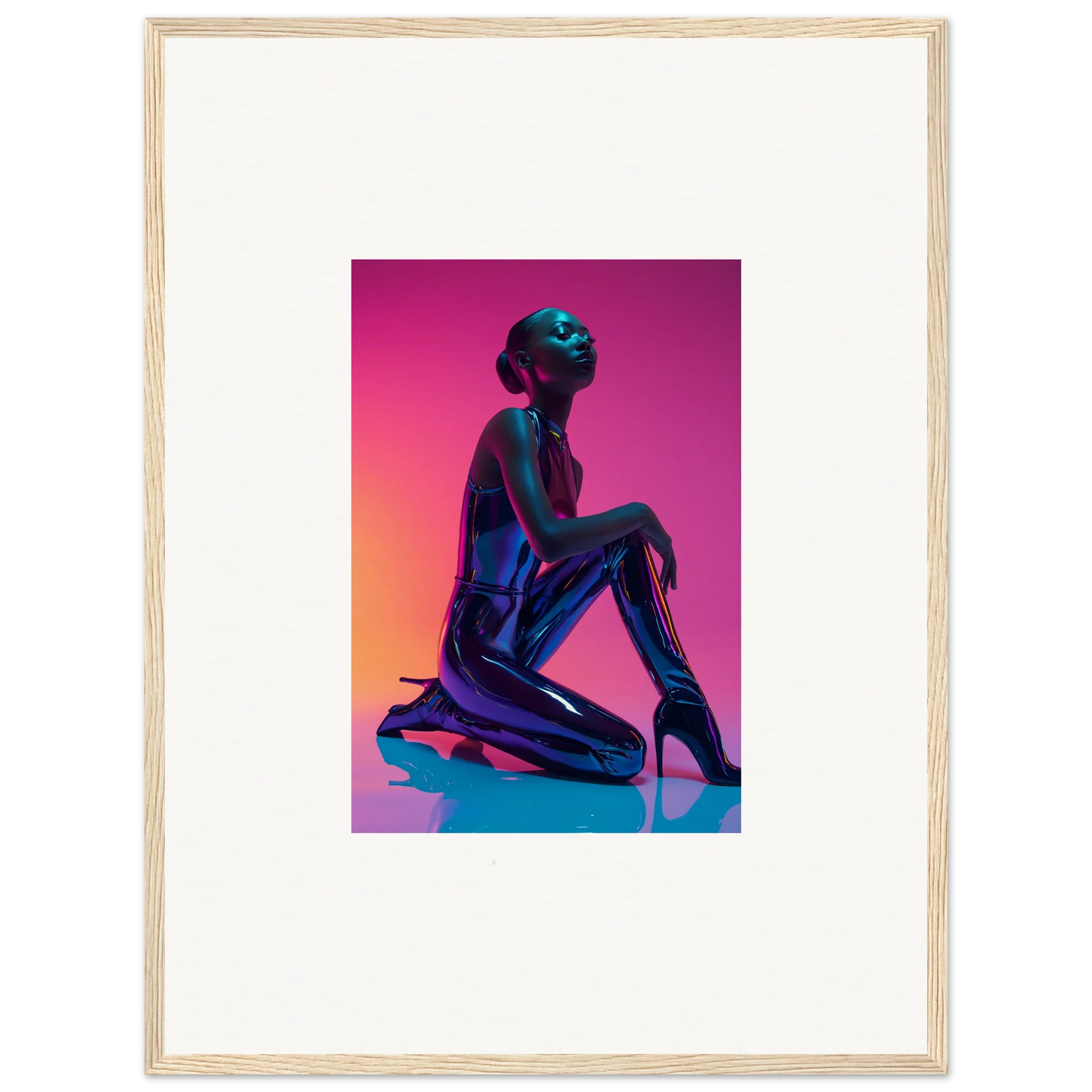 Silhouette of a kneeling figure on Neon Vortex canvas print for cool room decoration