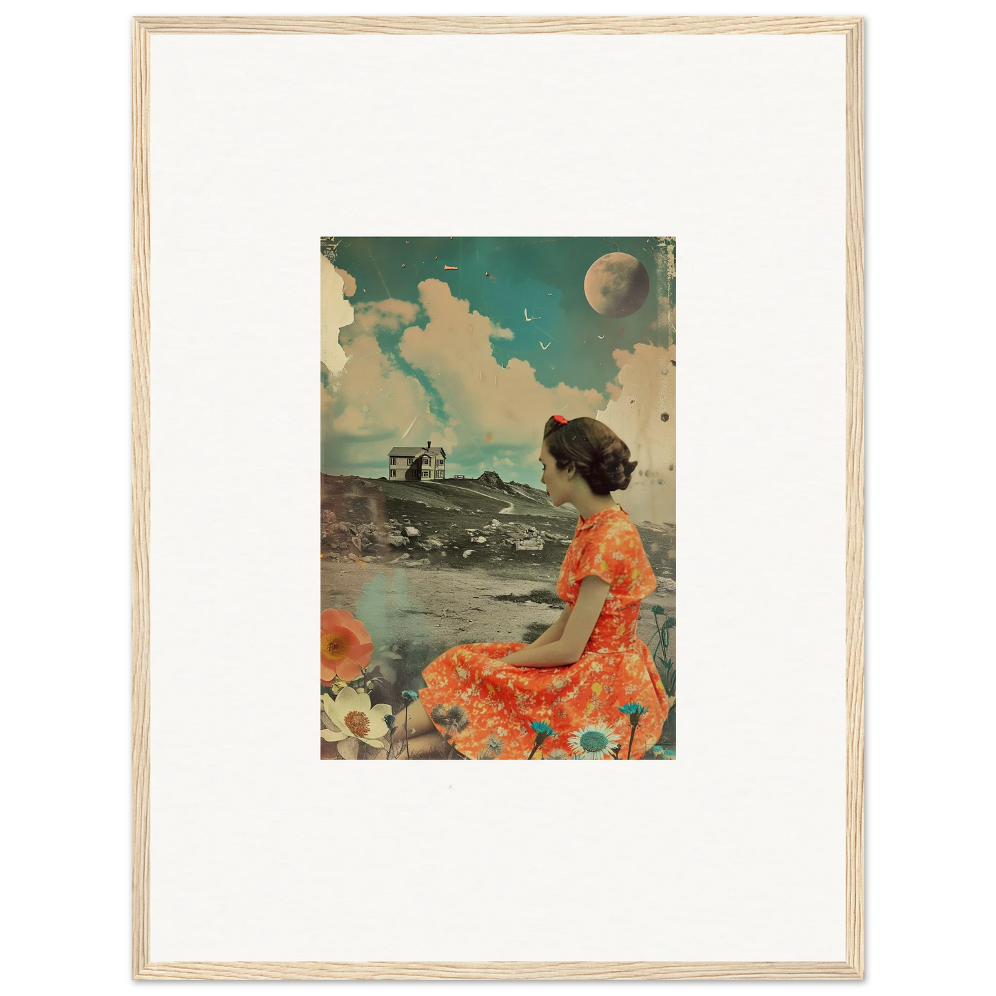 Vintage collage art of a woman in orange dress for color reverie room decoration