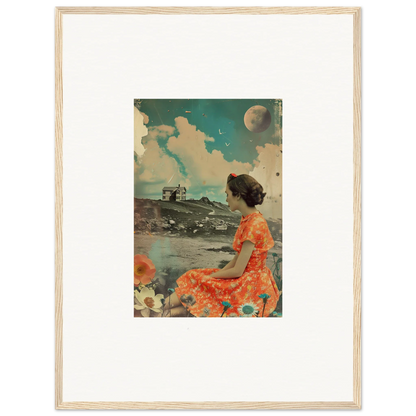 Vintage collage art of a woman in orange dress for color reverie room decoration