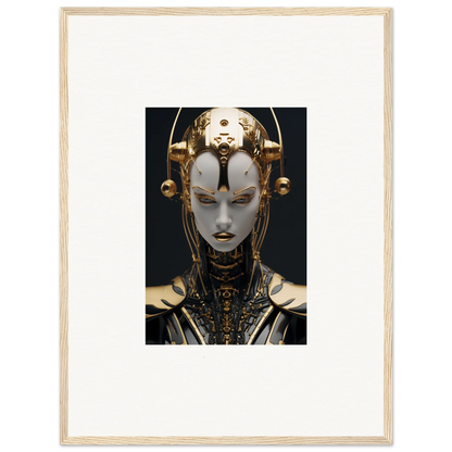 Futuristic robotic face with gold accents, perfect for Kinetic Fulgrid Manifestation decor