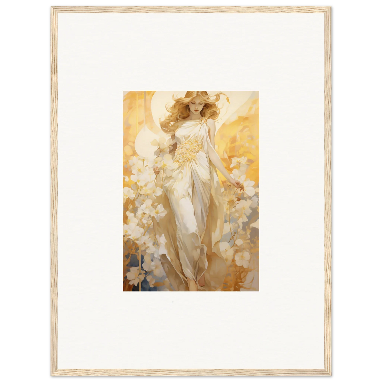 Framed Canvas Print of Etherial Blossom Reverie with a glowing female figure for room decoration