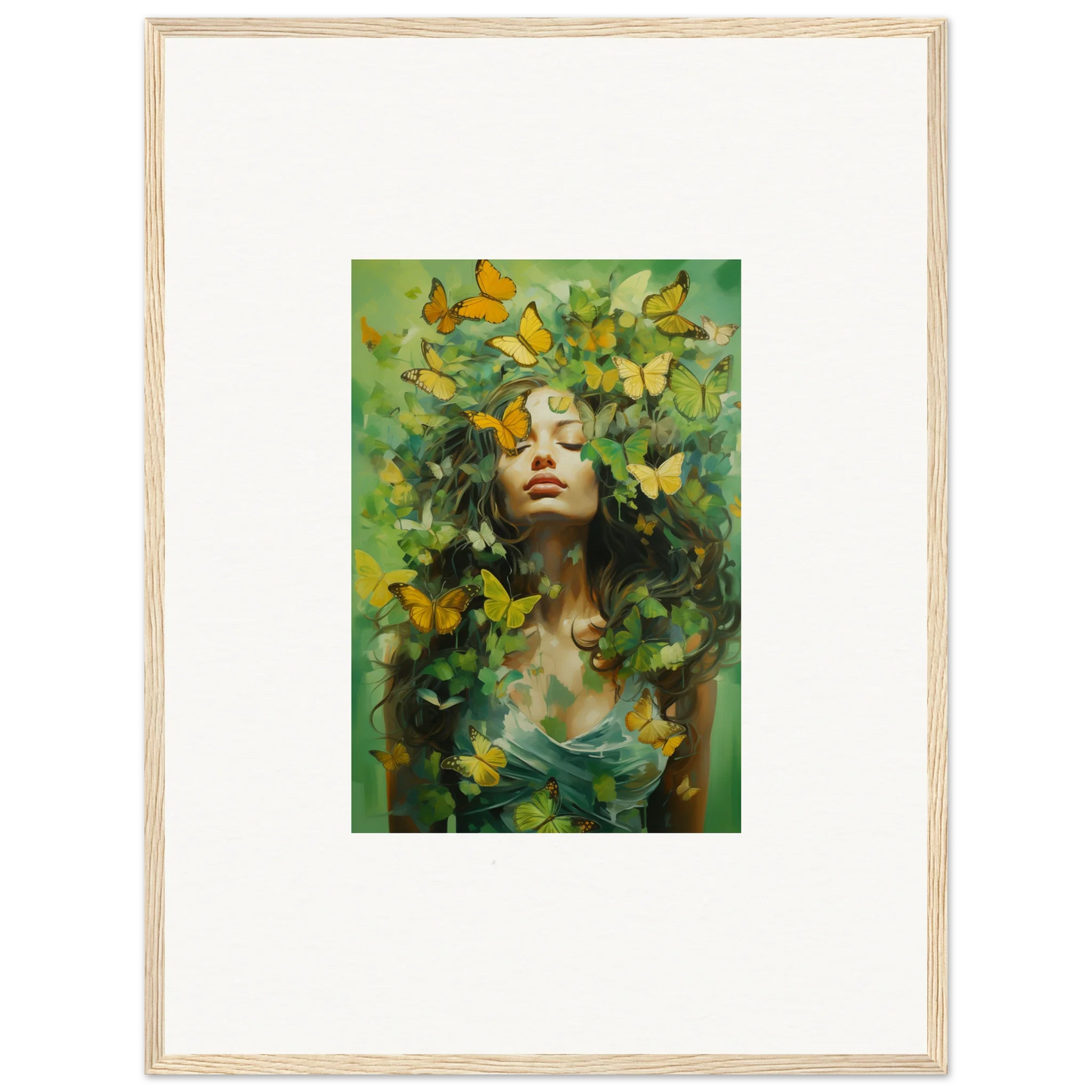 Framed canvas print of a woman in Chrysalis Ecstasy with colorful butterflies and foliage