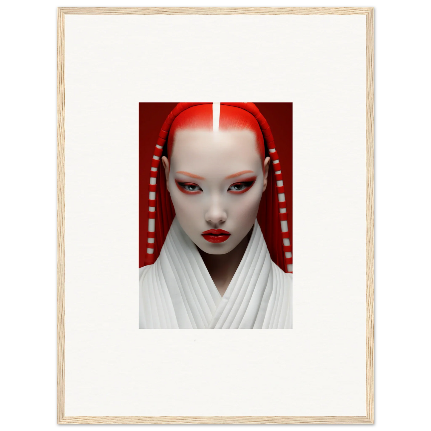 Portrait of a figure with white makeup and red accents on Pome Artcard Whisper