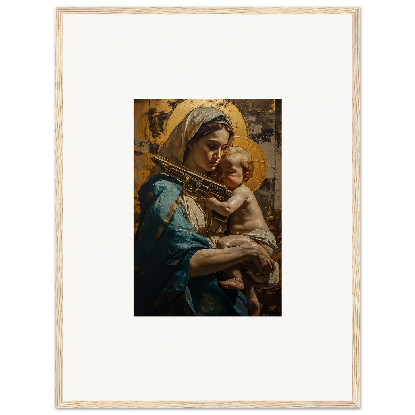 Framed canvas print of a woman in blue with a child, perfect for room decoration