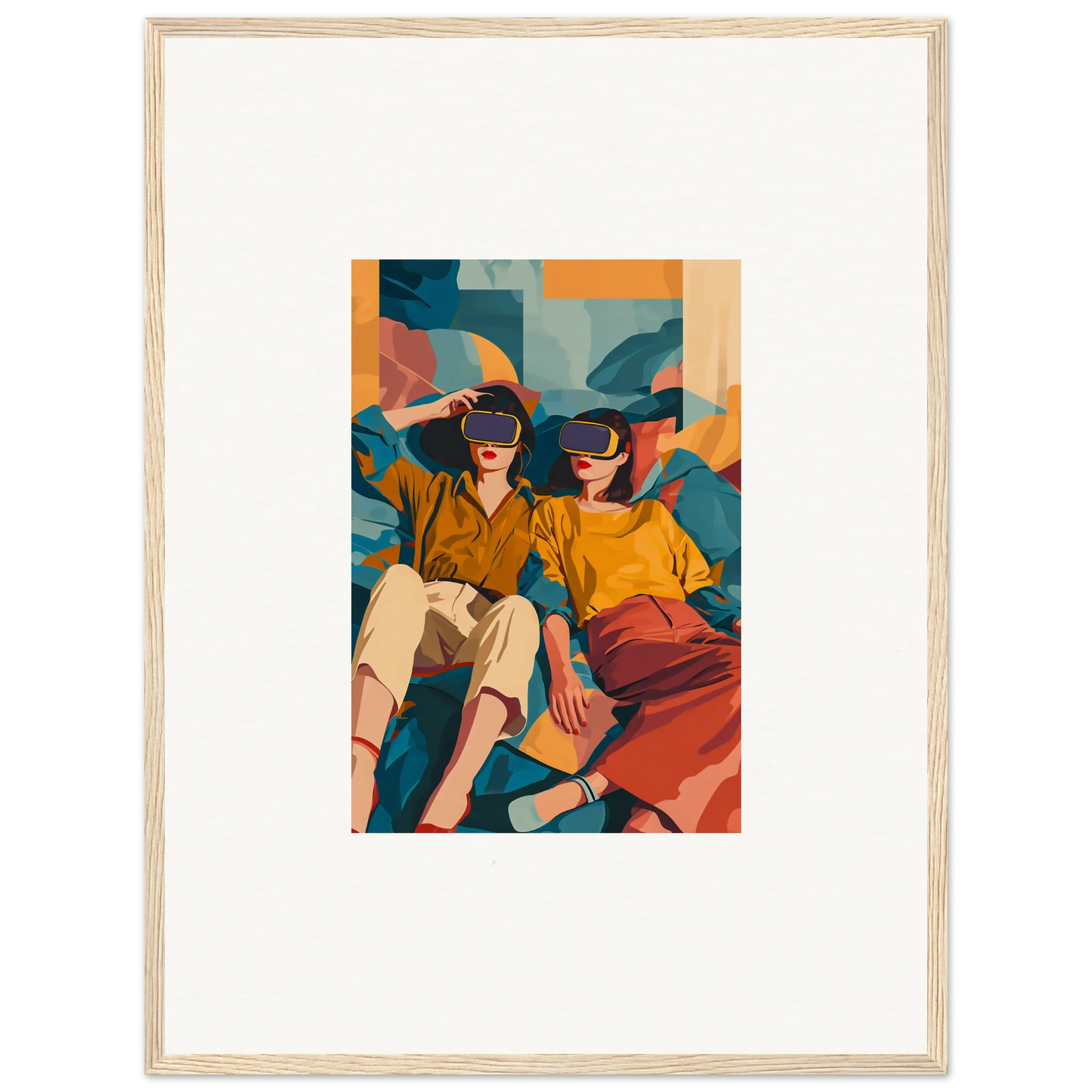 Framed artwork of lovers in VR amidst colorful abstract art for room decoration