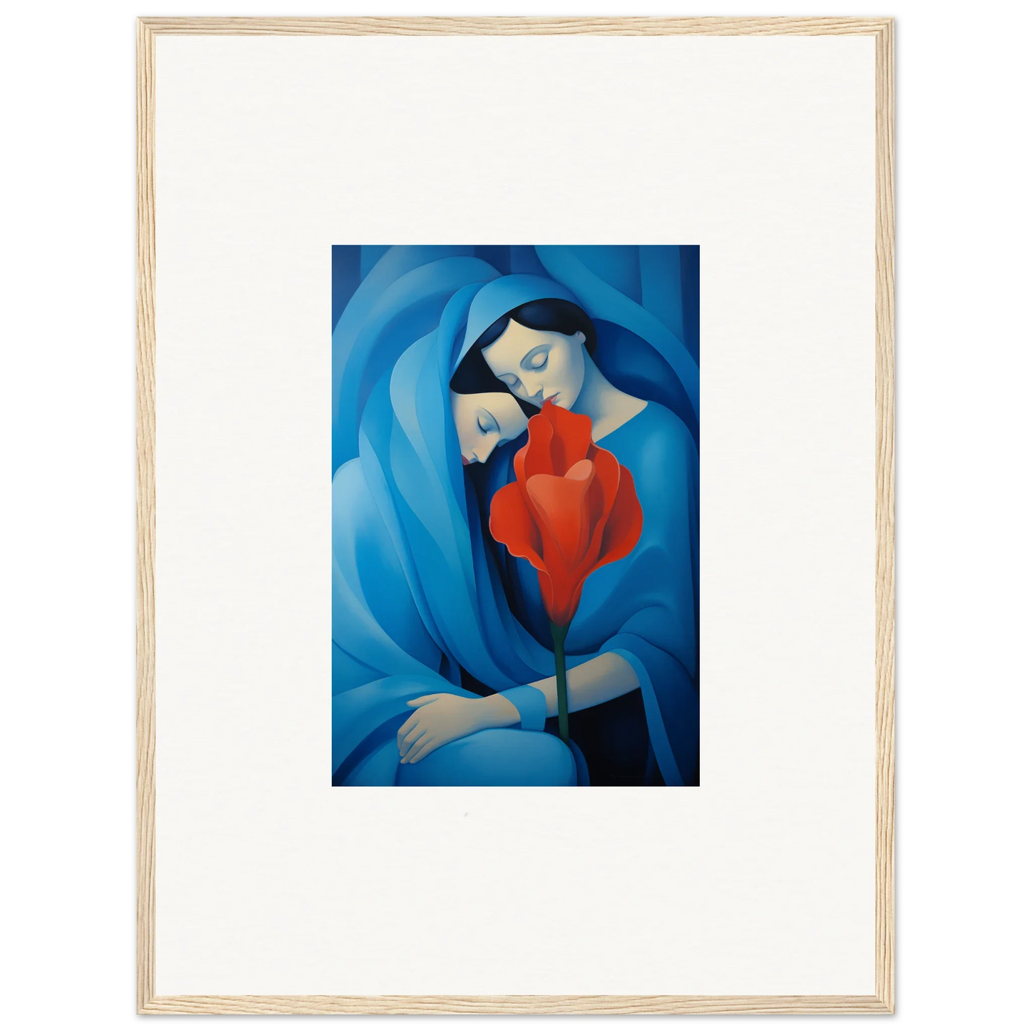 Framed canvas print of a woman in blue with a red flower for stylish room decoration