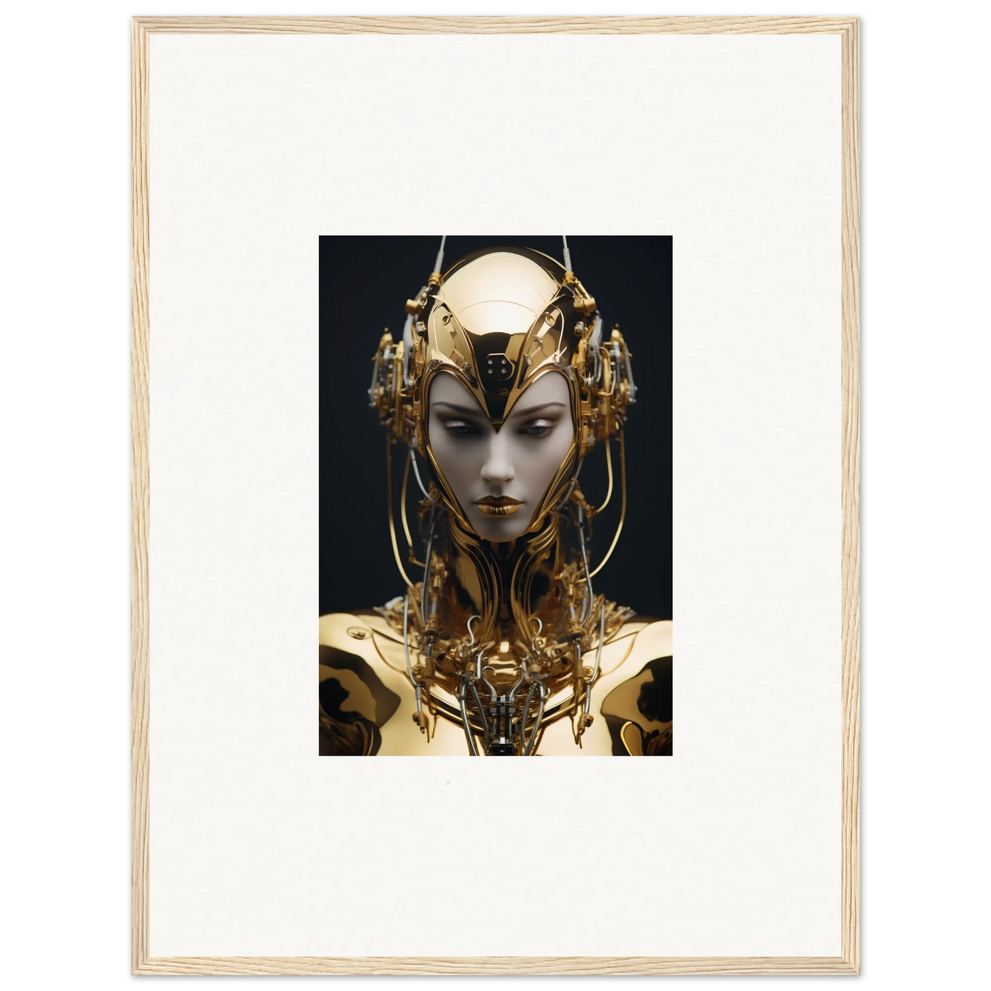 Futuristic humanoid figure with golden features for a unique Chirping Inventrix canvas print