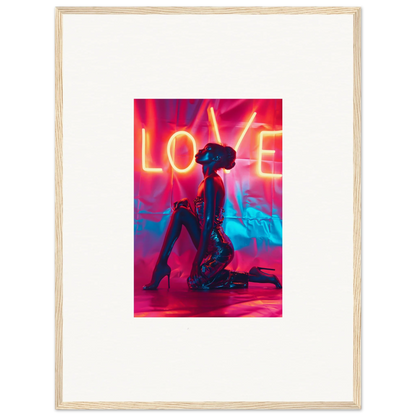 Framed canvas print of a silhouetted figure under neon LOVE wall art for room decoration