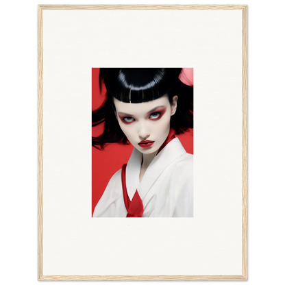 Woman with geisha makeup on a red backdrop, perfect for cherry dream canvas print decor