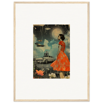 Framed vintage-style canvas print of a woman in an orange dress with retro bloom vibes