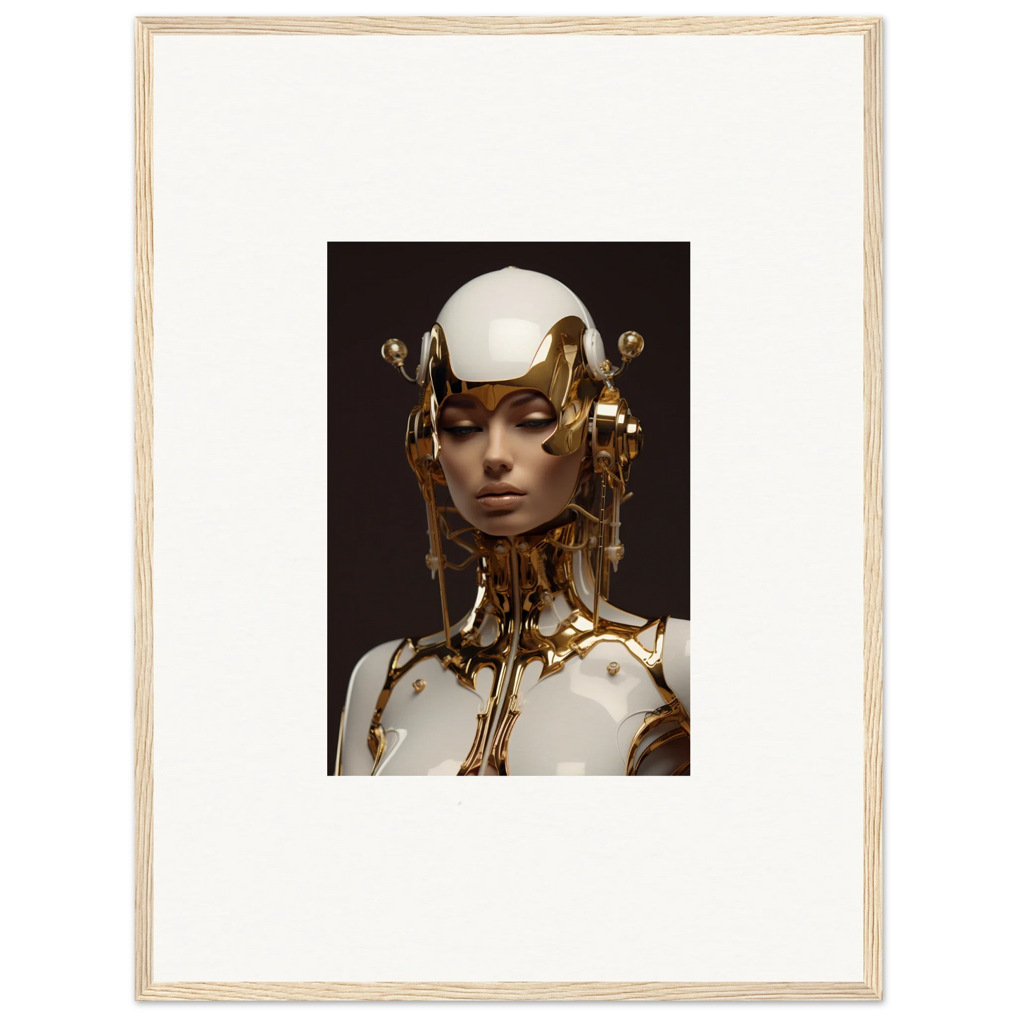 Portrait of cybernetic figure with gold accents, perfect for room decoration or wall art