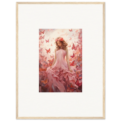 Framed canvas print of a woman in a pink dress with butterflies for autumn lattice room decoration