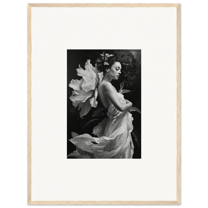 Black and white photo of a woman in a flowing dress with petals for a duet chrysalis canvas print