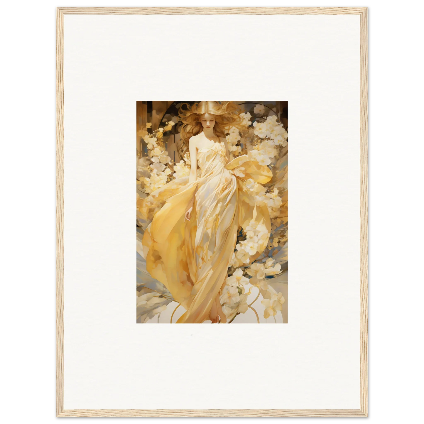 Framed painting of a woman in a yellow dress for a stunning petal serenade room decoration