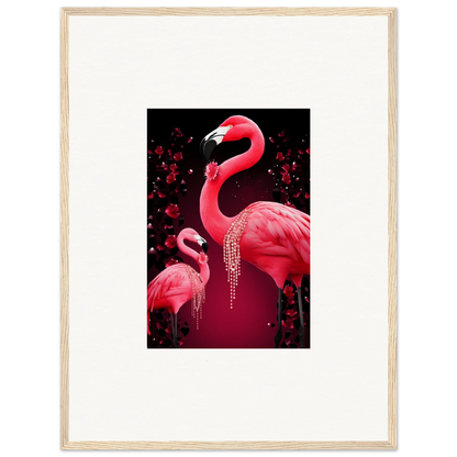 Vibrant pink flamingos, one with a jeweled necklace, perfect for room decoration wall art