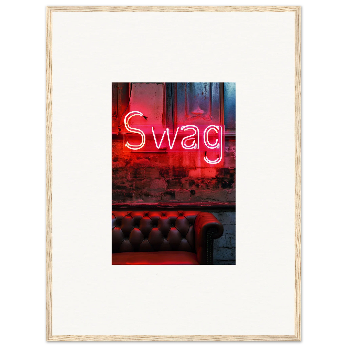 Neon red Swag sign above a leather couch for trendy room decoration wall art