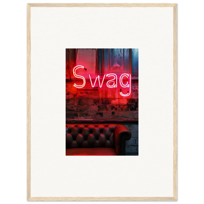 Neon red Swag sign above a leather couch for trendy room decoration wall art