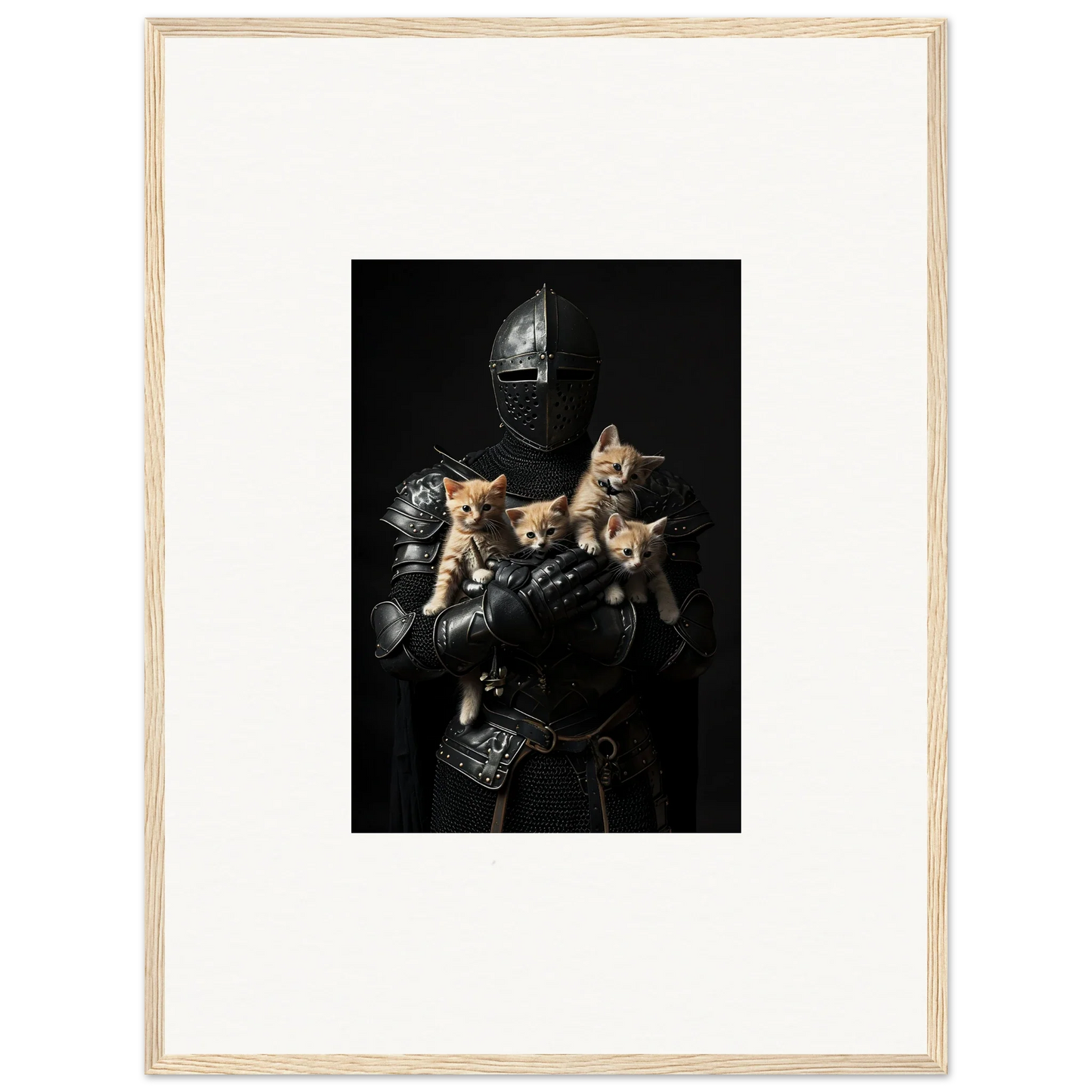 Medieval knight in armor with four kittens, perfect for Feline Bashhut canvas print