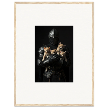 Medieval knight in armor with four kittens, perfect for Feline Bashhut canvas print