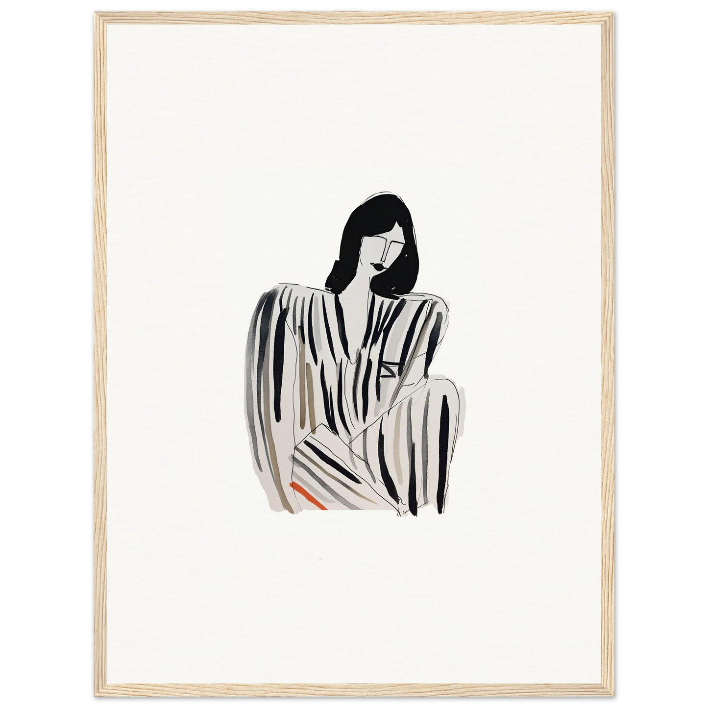 Minimalist canvas print of a seated woman in striped clothing for Whispers Formals room decoration