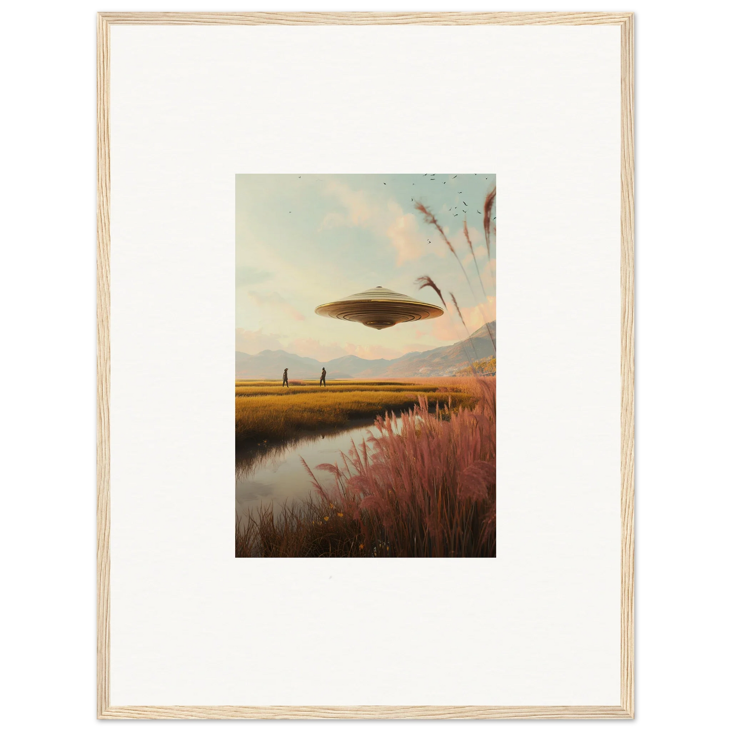 UFO hovering over a marshy landscape at sunset, perfect for Meadow Raindancers wall art