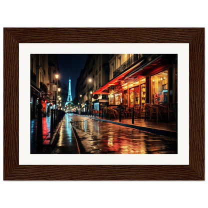 Framed photograph of a rainy Parisian street at night with the Eiffel Tower visible in the distance.