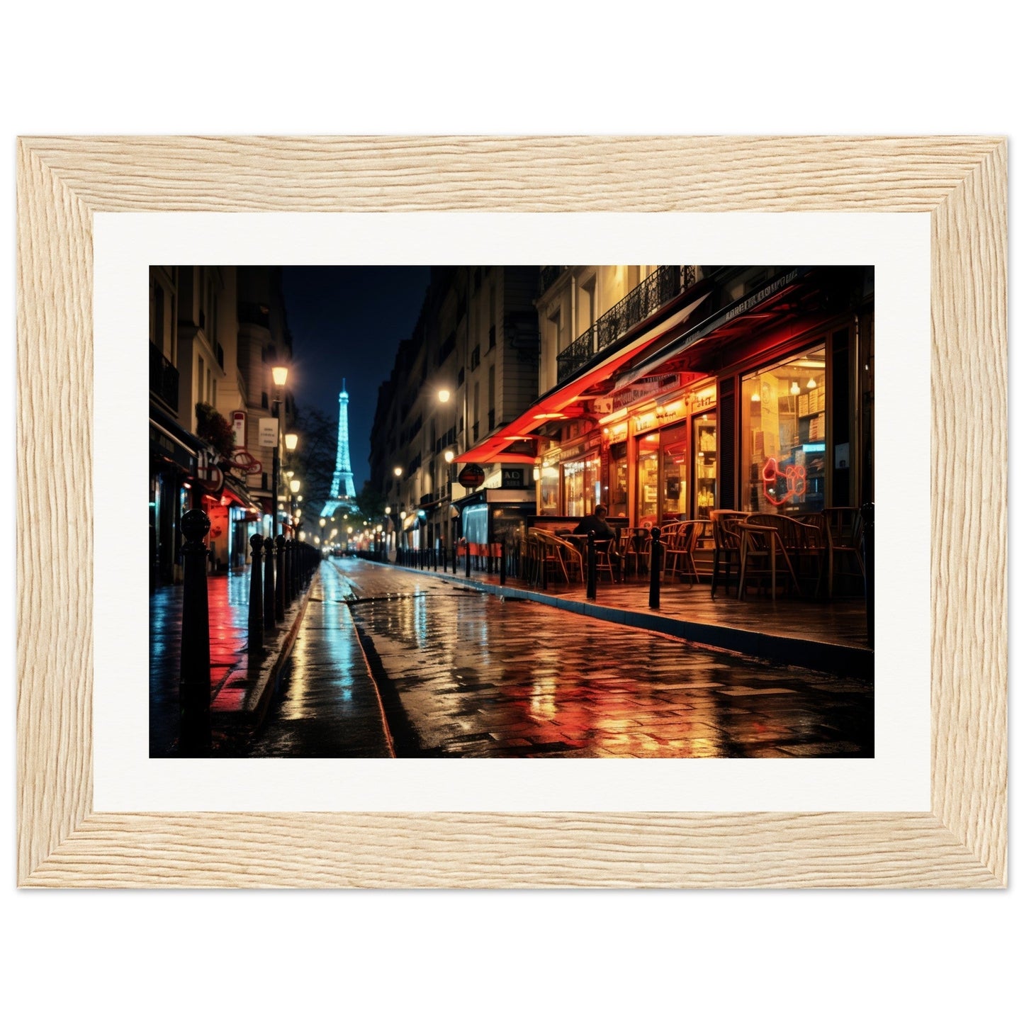 Framed photograph of a rainy Parisian street at night with the Eiffel Tower visible in the distance.