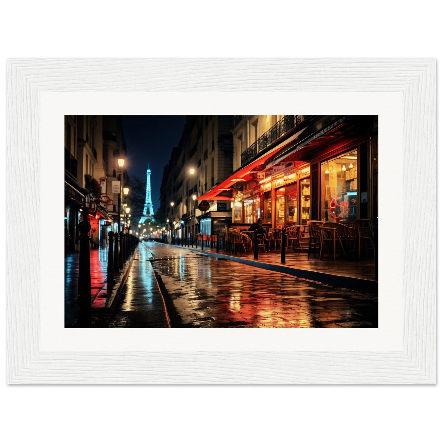 Framed photograph of a rainy Parisian street at night with the Eiffel Tower visible in the distance.