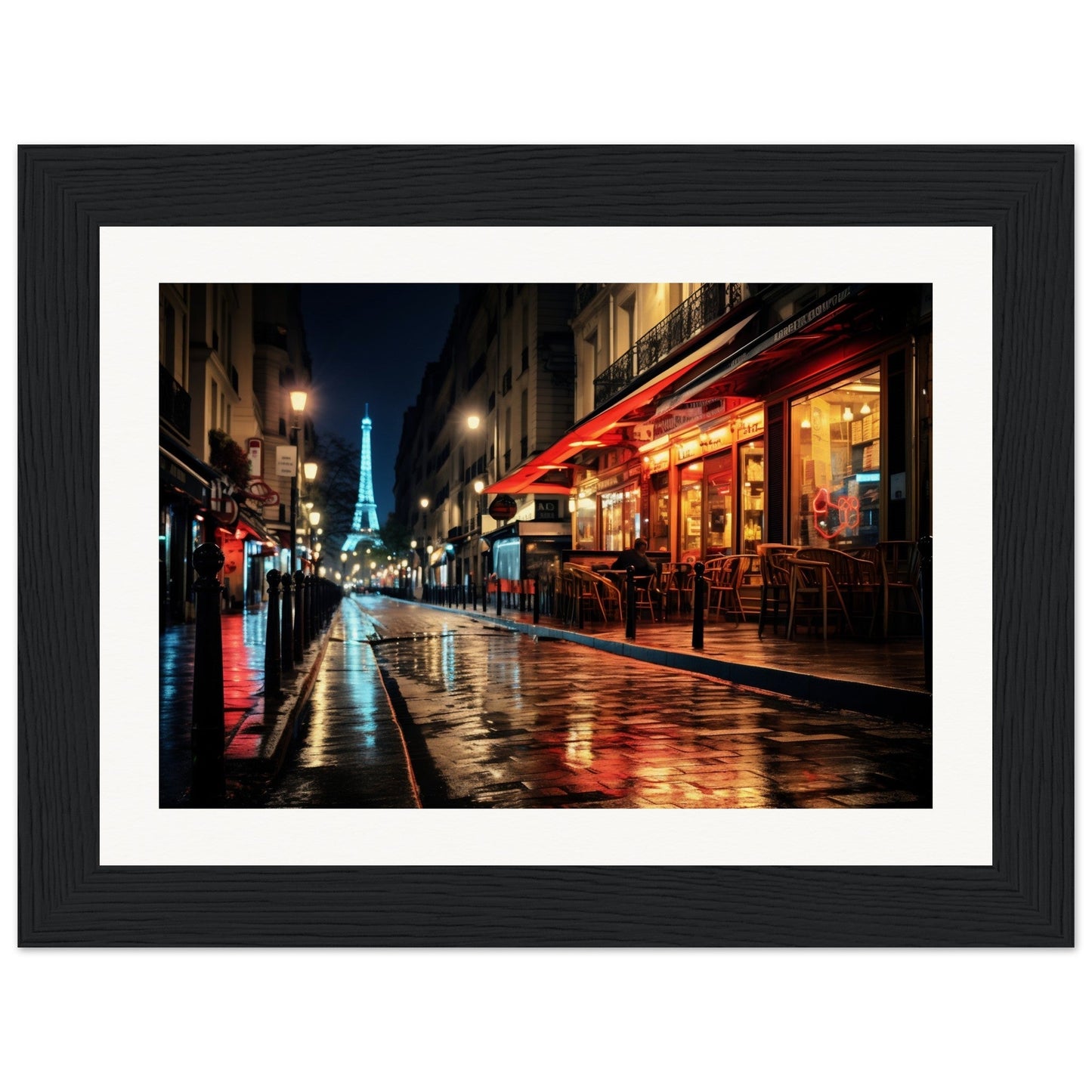 Framed photograph of a rainy Parisian street at night with the Eiffel Tower visible in the distance.