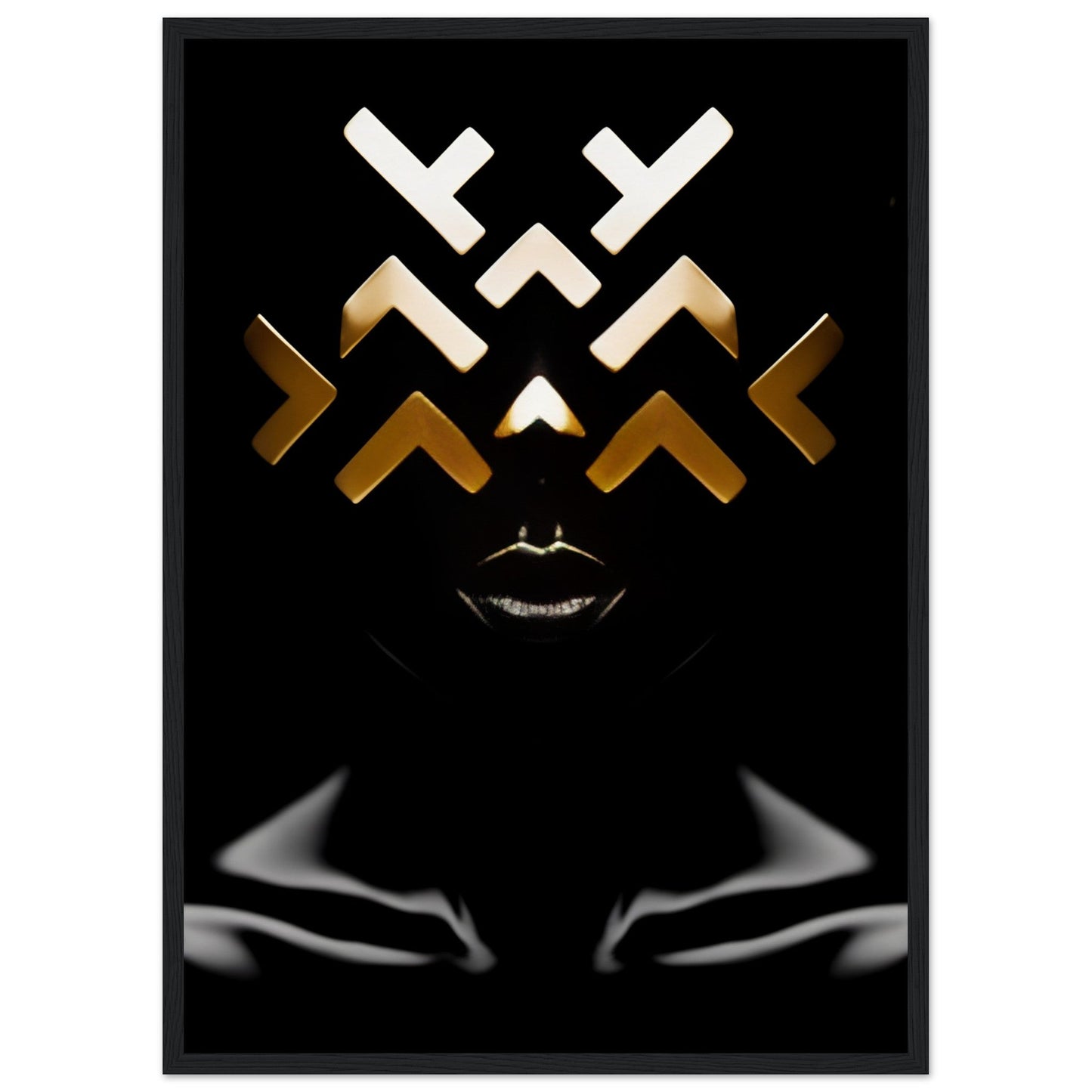 Abstract geometric face design with white and gold angular shapes on a black background, featuring a stylized smiling mouth.