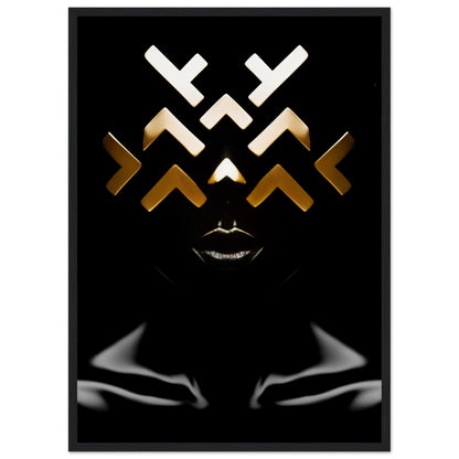 Abstract geometric face design with white and gold angular shapes on a black background, featuring a stylized smiling mouth.