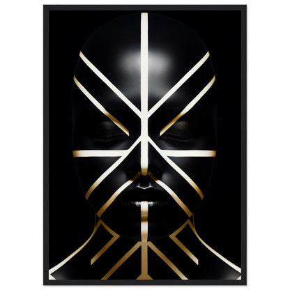 Stylized geometric face design composed of intersecting white and gold lines on a black background.